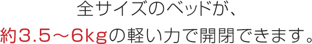 全サイズのベッドが、約3.5～6kgの軽い力で開閉できます。